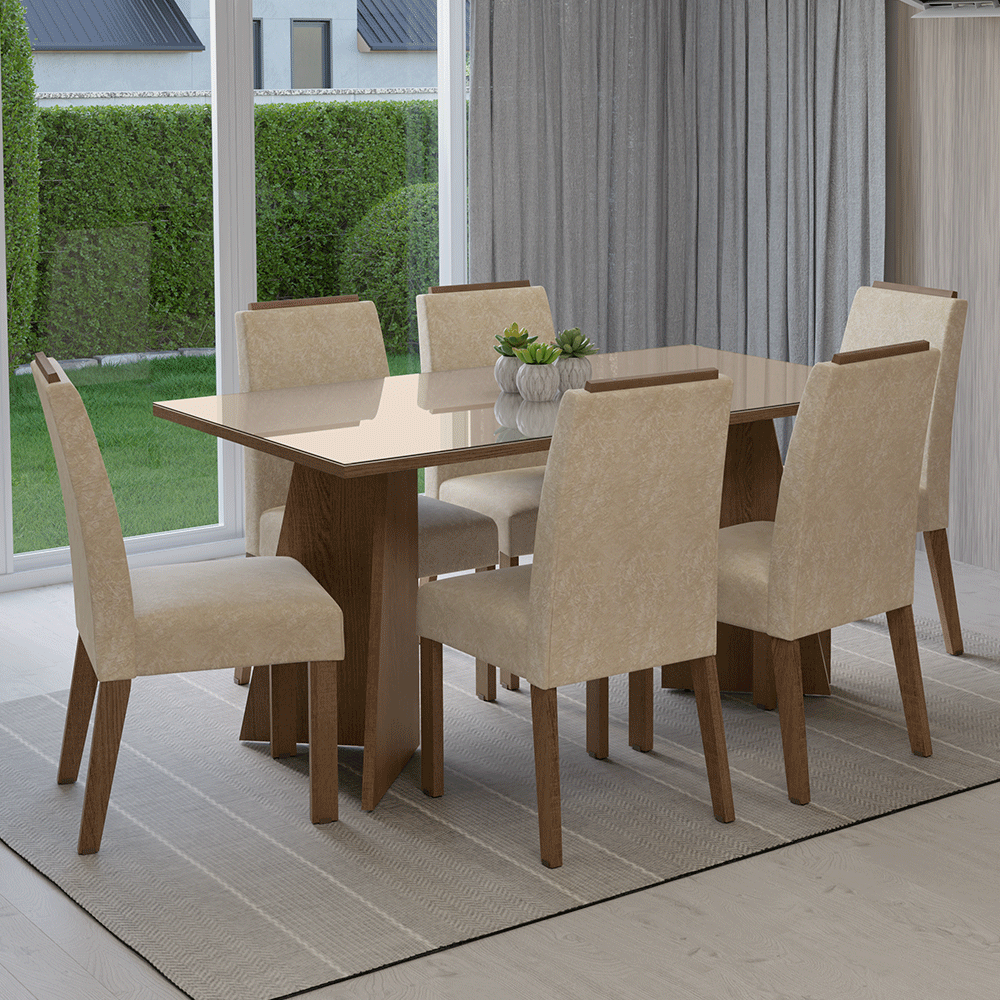 Conjunto de Comedor Encimera de Vidrio 6 Sillas Marrón/Crema/Imperial Madrid Madesa