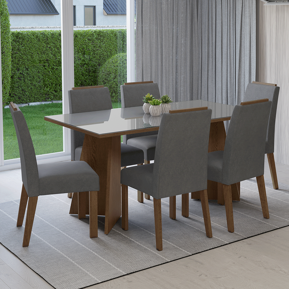 Conjunto de Comedor Encimera de Vidrio 6 Sillas Marrón/Gris/Silver Madrid Madesa