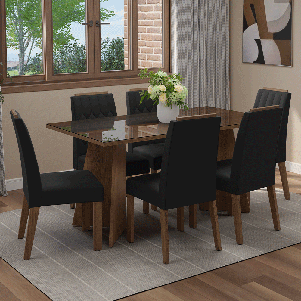 Conjunto de Comedor Encimera de Vidrio 6 Sillas Marrón/Oxford Sintra Madesa