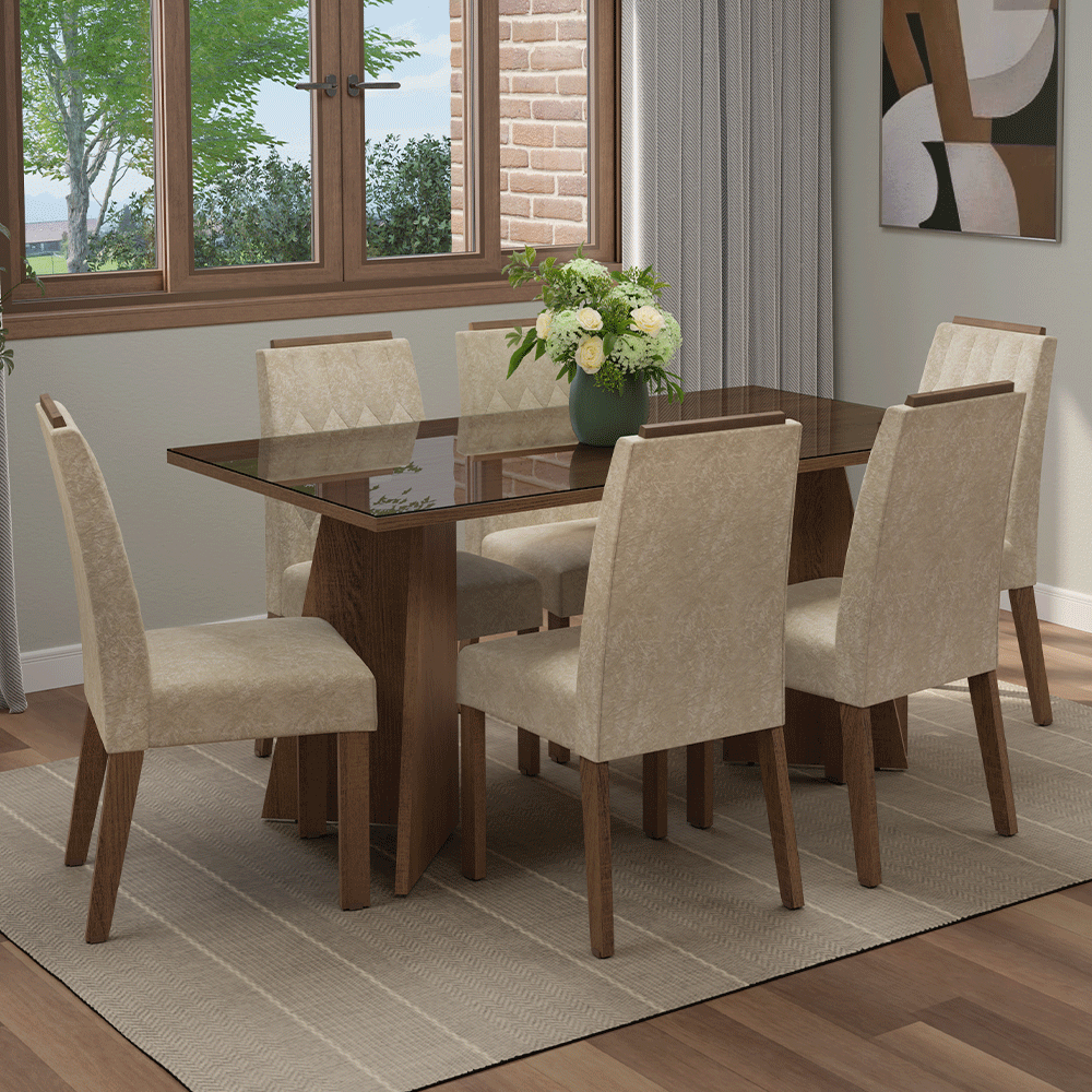 Conjunto de Comedor Encimera de Vidrio 6 Sillas Marrón/Imperial Sintra Madesa