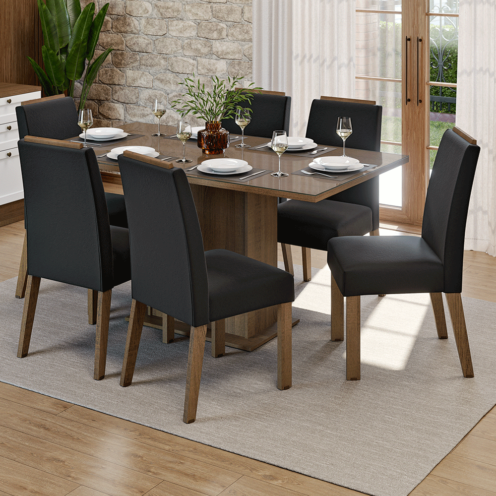 Conjunto de Comedor Encimera de Vidrio 6 Sillas Marrón/Oxford Dália Madesa