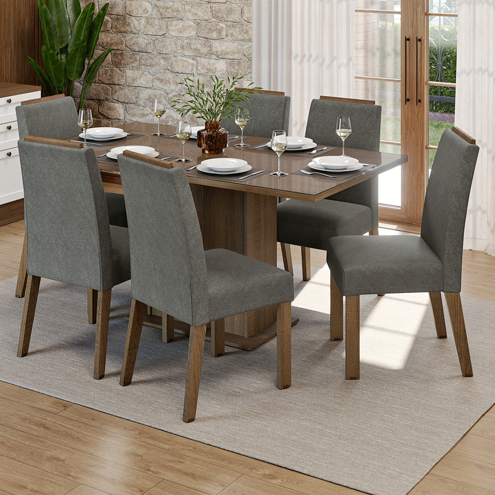 Conjunto de Comedor Encimera de Vidrio 6 Sillas Marrón/Silver Dália Madesa