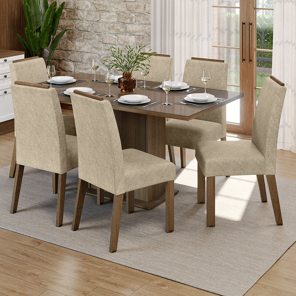 Conjunto de Comedor Encimera de Vidrio 6 Sillas Marrón/Imperial Dália Madesa