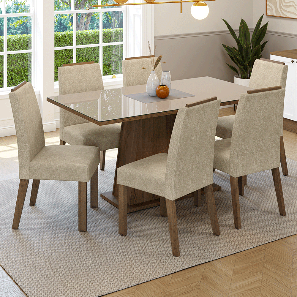 Conjunto de Comedor Encimera de Vidrio 6 Sillas Marrón/Crema/Imperial Tulipa Madesa