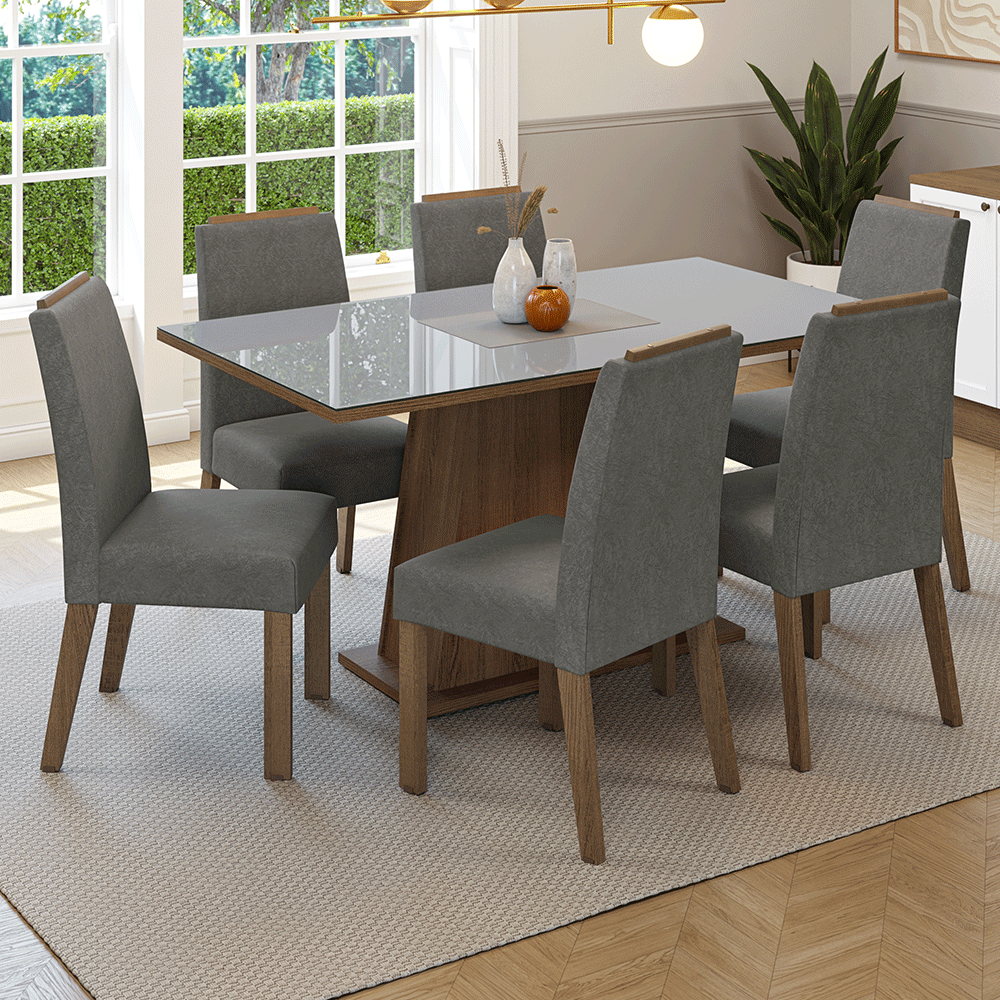 Conjunto de Comedor Encimera de Vidrio 6 Sillas Marrón/Gris/Silver Tulipa Madesa