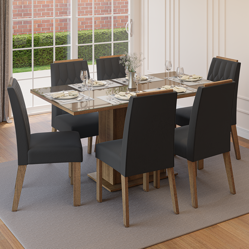 Conjunto de Comedor Encimera de Vidrio 6 Sillas Marrón/Oxford Azaleia Madesa