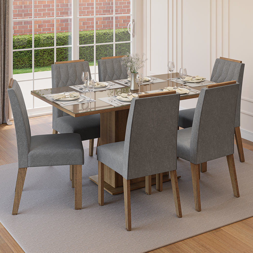 Conjunto de Comedor Encimera de Vidrio 6 Sillas Marrón/Silver Azaleia Madesa