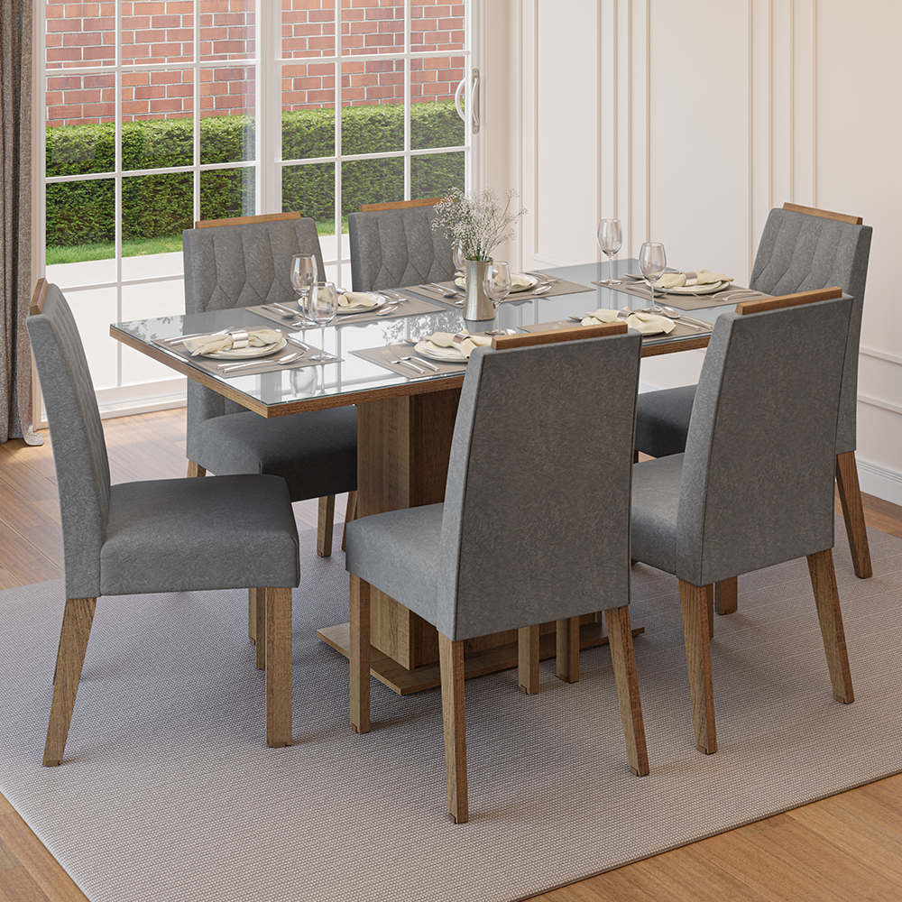 Conjunto de Comedor Encimera de Vidrio 6 Sillas Marrón/Gris/Silver Azaleia Madesa