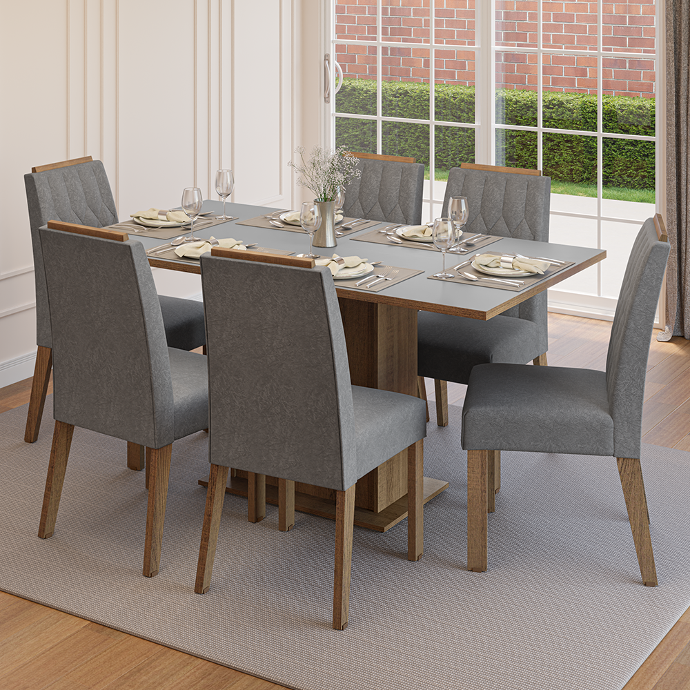 Conjunto de Comedor Encimera de Madera 6 Sillas Marrón/Gris/Silver Bosque Madesa