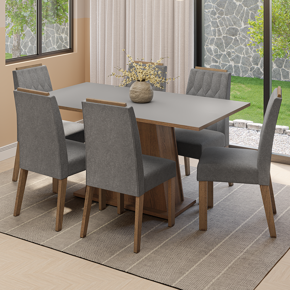 Conjunto de Comedor Encimera de Madera 6 Sillas Marrón/Gris/Silver Cedro Madesa