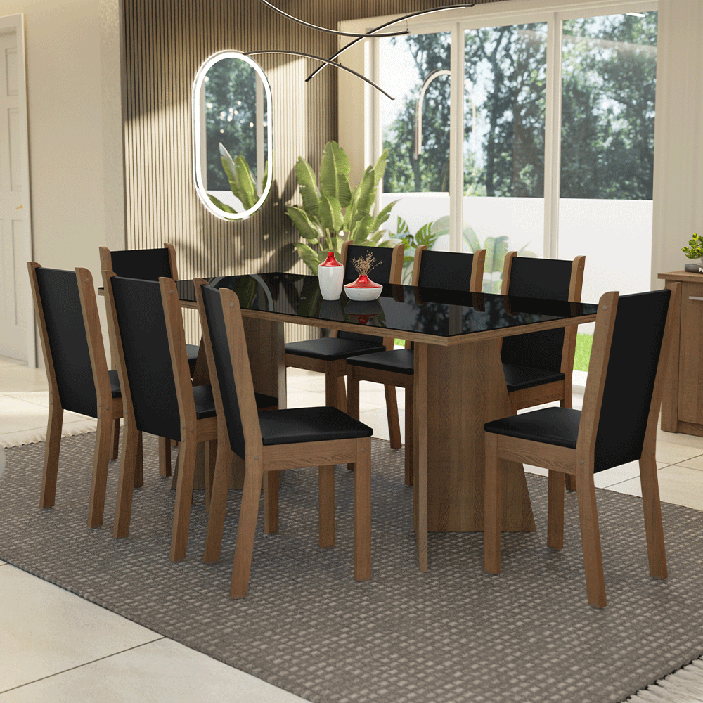 Juego de Comedor Mesa con Encimera de Vidrio 8 Sillas Marrón/Negro Justine