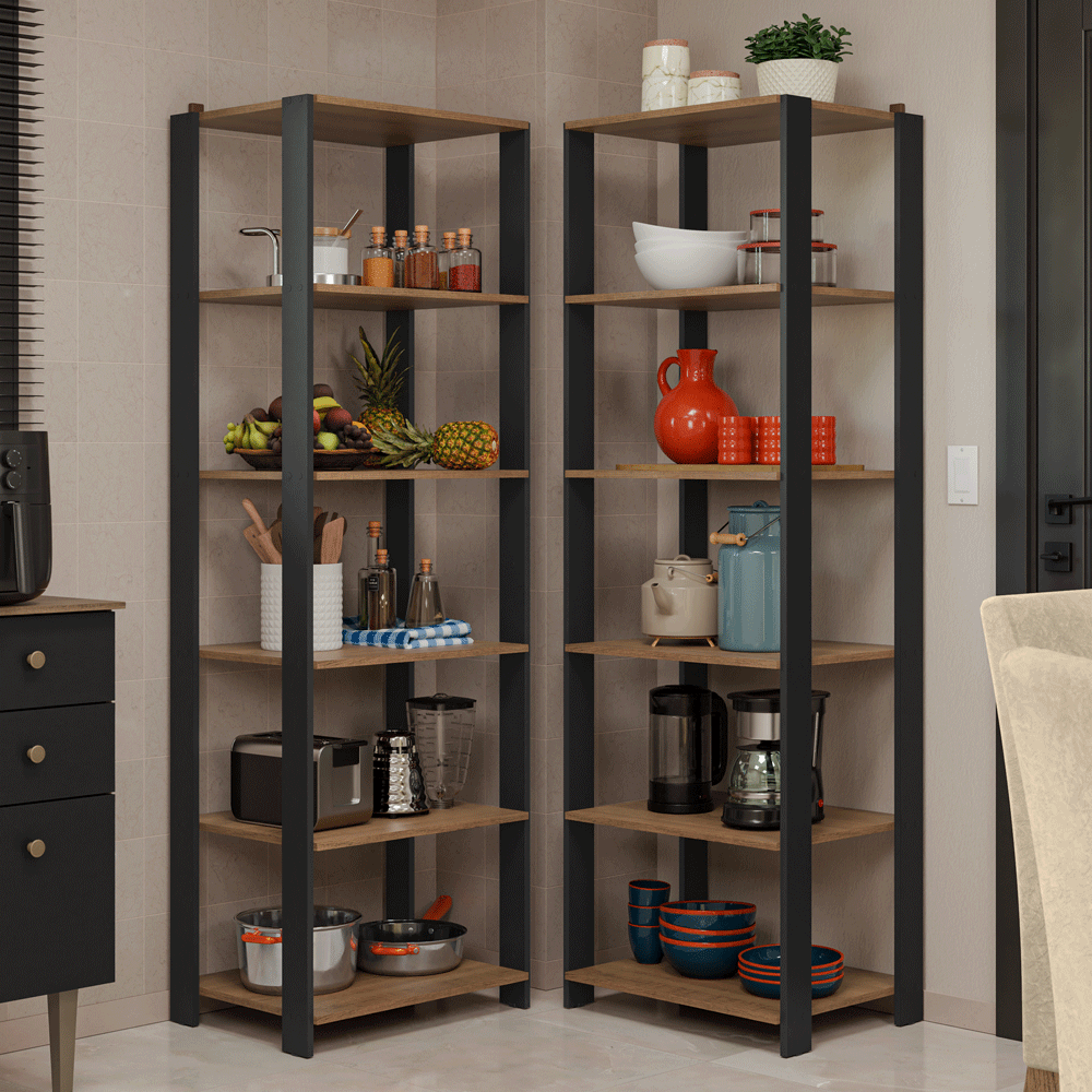 Kit con 2 Estantes Multiuso de Esquina 5 Niveles 118cm Marrón/Negro