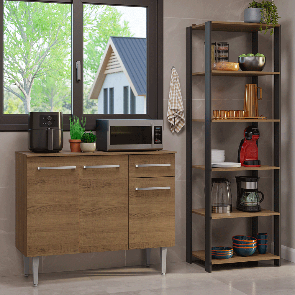 Kit Cocina Gabinete Bajo 3 Puertas 1 Cajón y Estante Despensero 5 Niveles Marrón/Negro