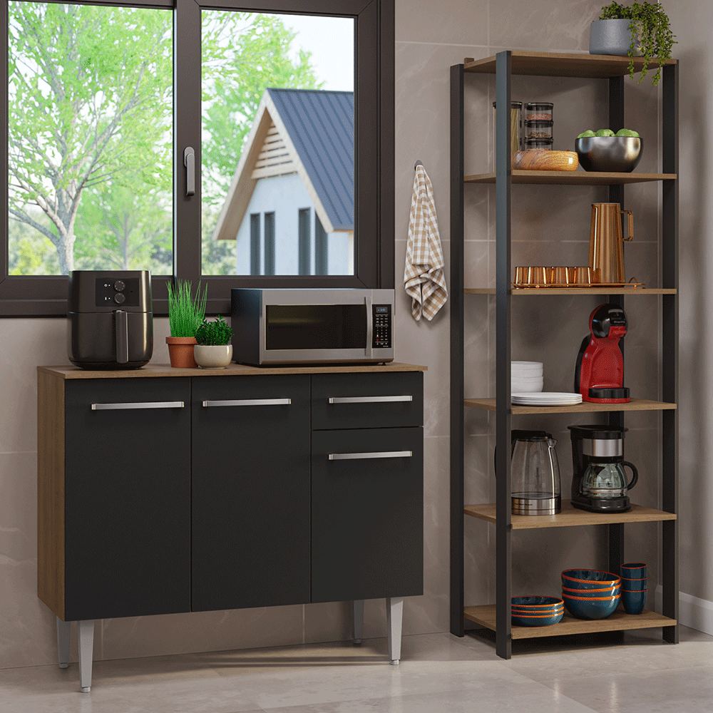 Kit Cocina Gabinete Bajo 3 Puertas 1 Cajón y Estante Despensero 5 Niveles Negro/Marrón