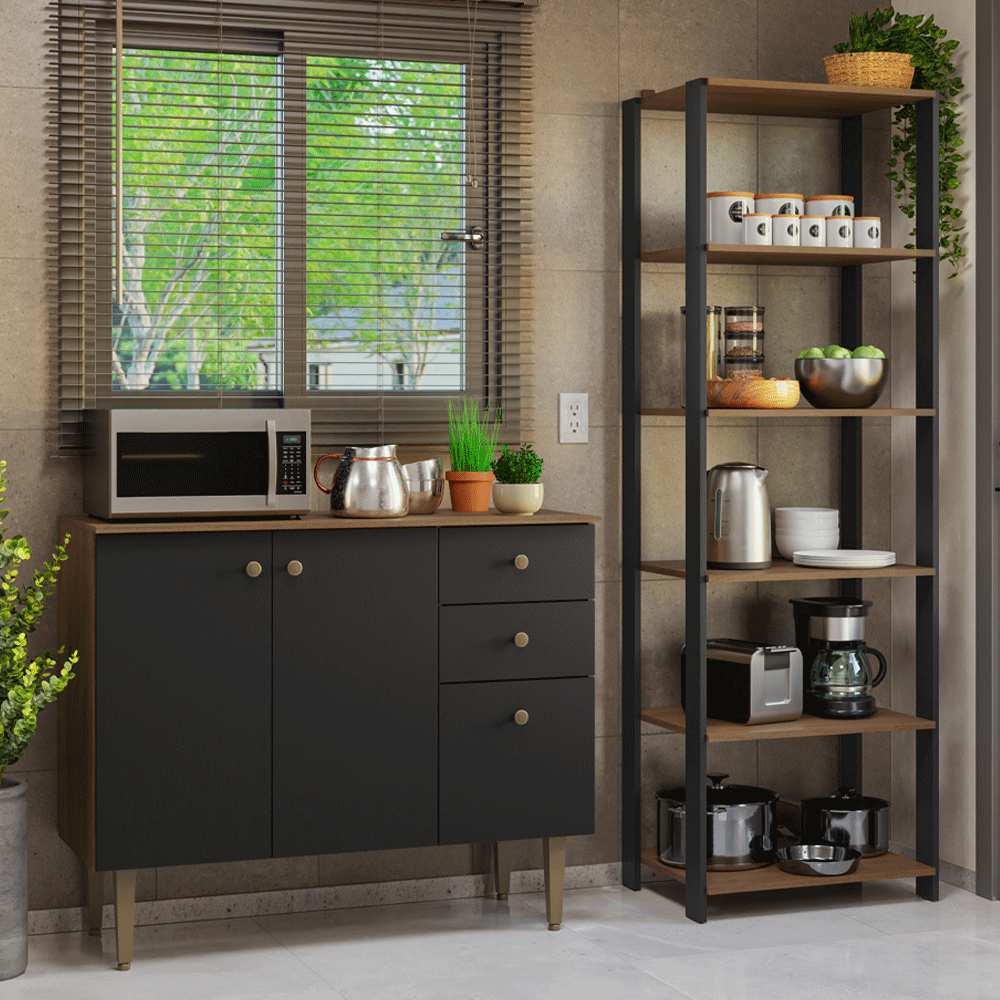 Kit Cocina Gabinete Bajo 3 Puertas 2 Cajones y Estante Despensero 5 Niveles Marrón/Negro