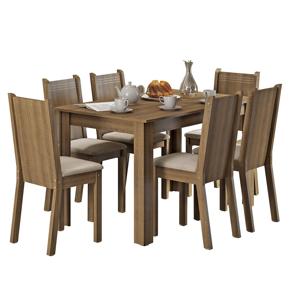 Juego de Comedor con Mesa de Madera y 6 Sillas Marrón con Tapizado en Tela Sintética Beige Madesa Maris
