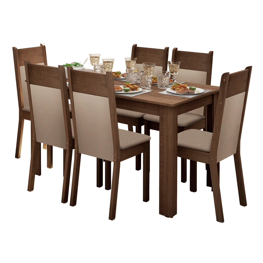 Juego de Comedor Madesa Mesa de Madera + 6 Sillas Color Marrón/Crema Tapizadas en Tela Sintética Beige Jaíne