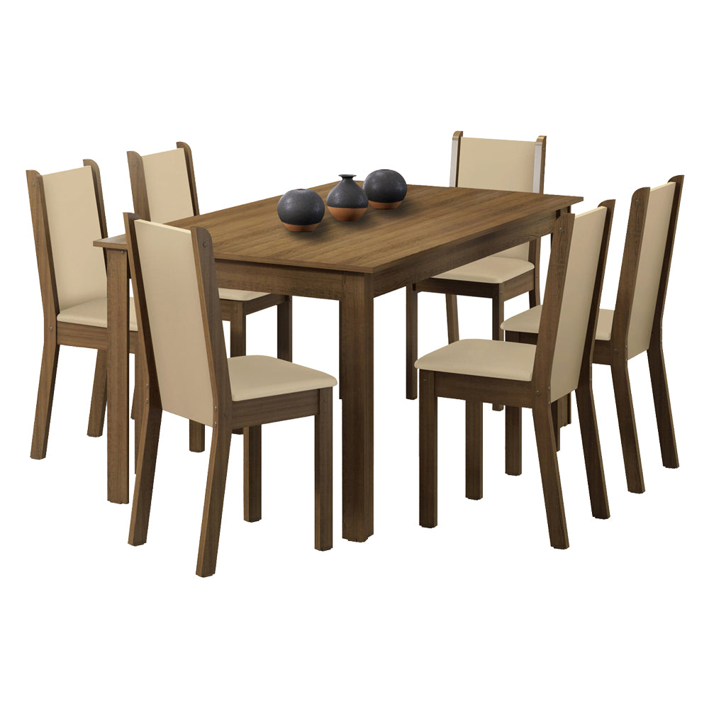 Conjunto Comedor Miriam Mesa Encimera de Madera con 6 Sillas Marrón/Crema/Sintético Beige