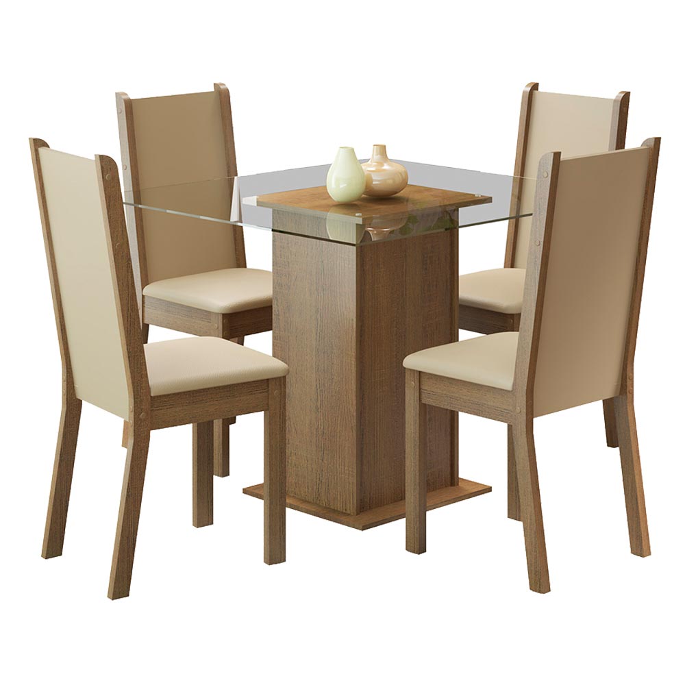 Juego de Comedor Mesa con Encimera de Vidrio y 4 Sillas Marrón/Crema/Beige Aline