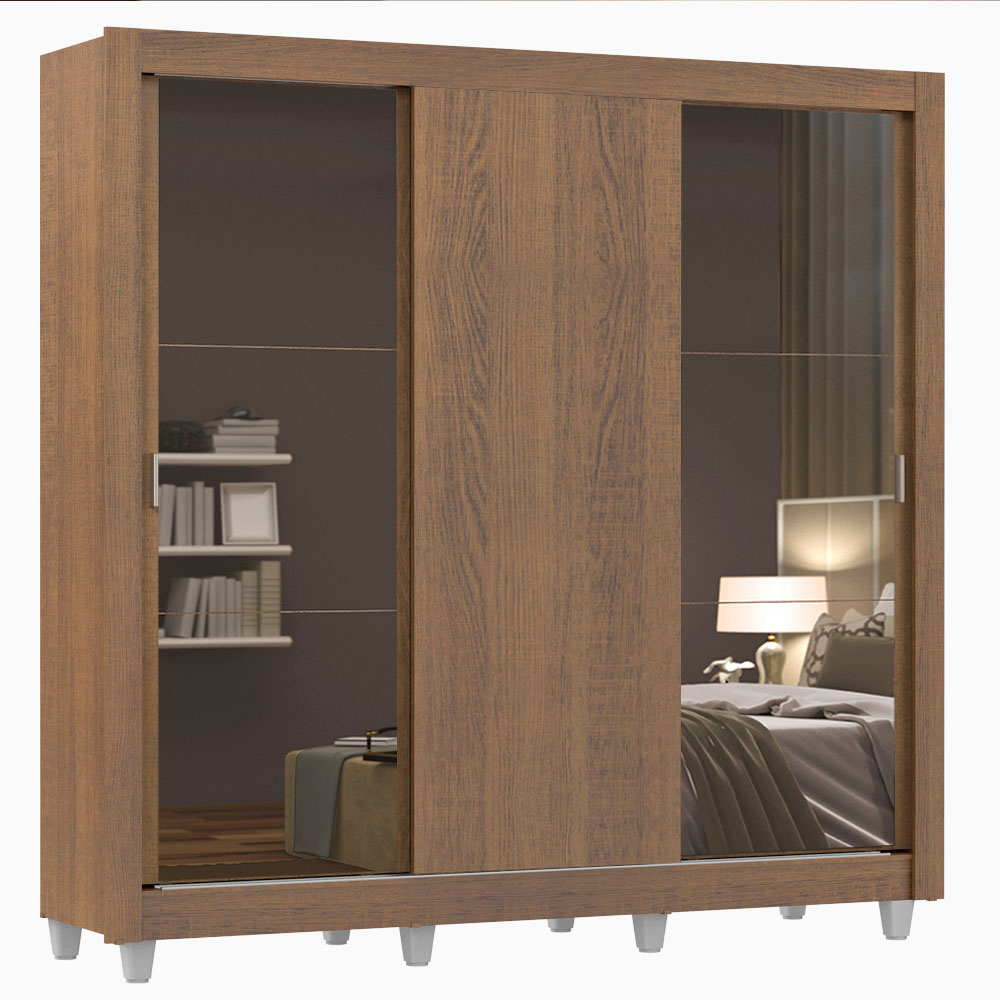 Clóset Matrimonial 3 Puertas Corredizas con Espejos con Patas Marrón Monaco