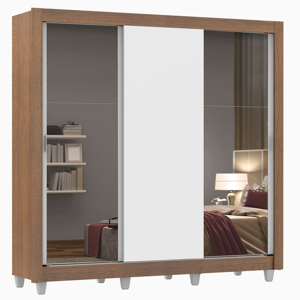 Clóset Matrimonial 3 Puertas Corredizas con Espejos con Patas Marrón/Blanco Monaco