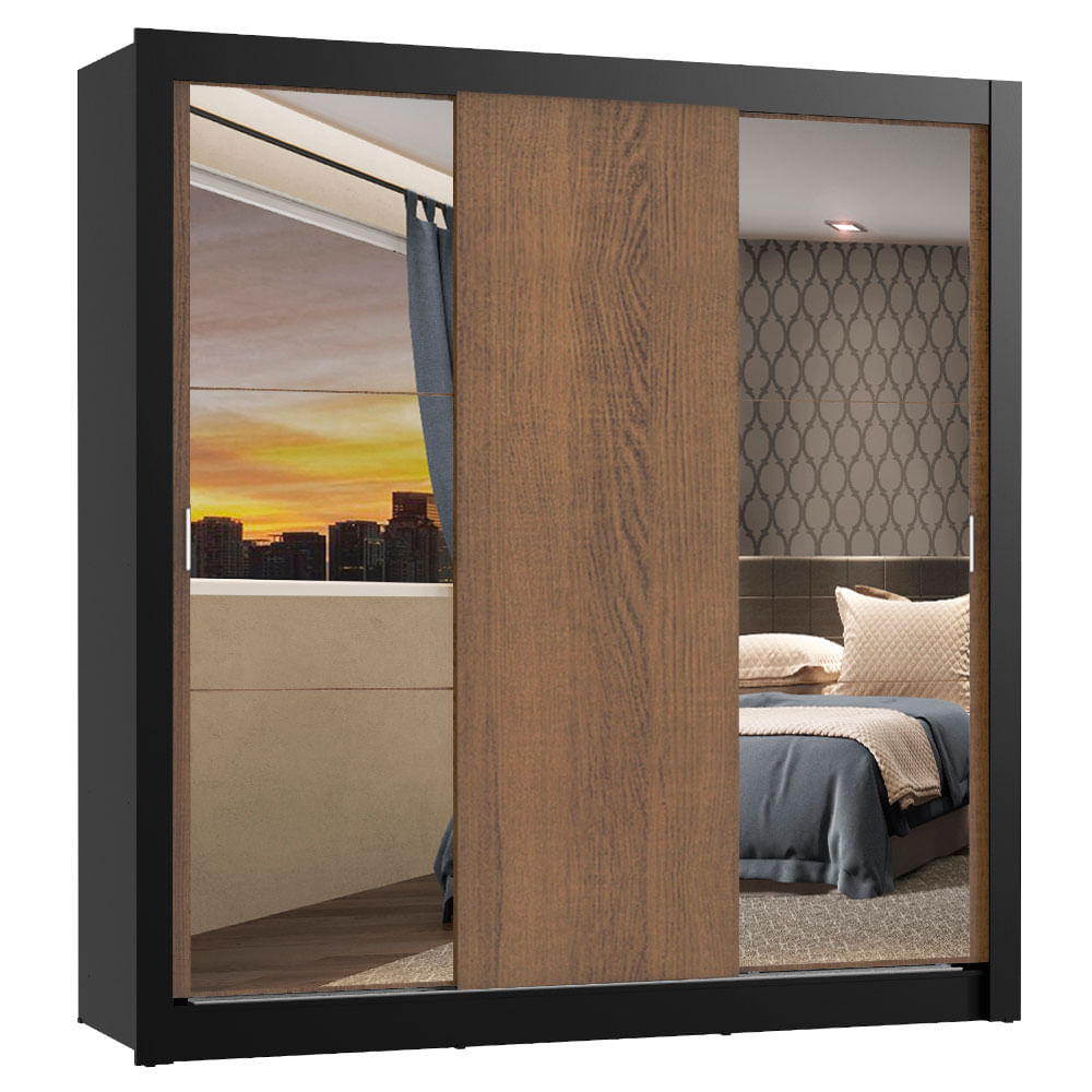 Clóset Matrimonial Monaco 3 Puertas Corredizas 2 con Espejos Negro/Marrón