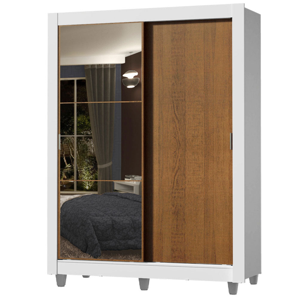 Clóset Soltero 2 Puertas Corredizas Espejo 2 Cajones con Patas Blanco/Marrón Dallas
