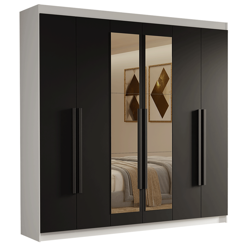 Clóset Matrimonial Venus 6 Puertas Batientes con Espejo Blanco/Negro/Negro