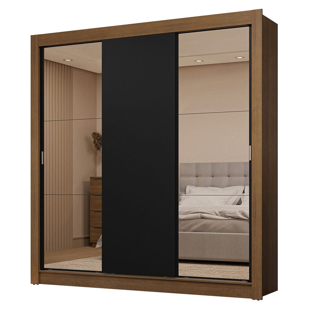 Clóset Matrimonial 3 Puertas Corredizas con Espejos 2 Cajones Marrón/Negro Sublime