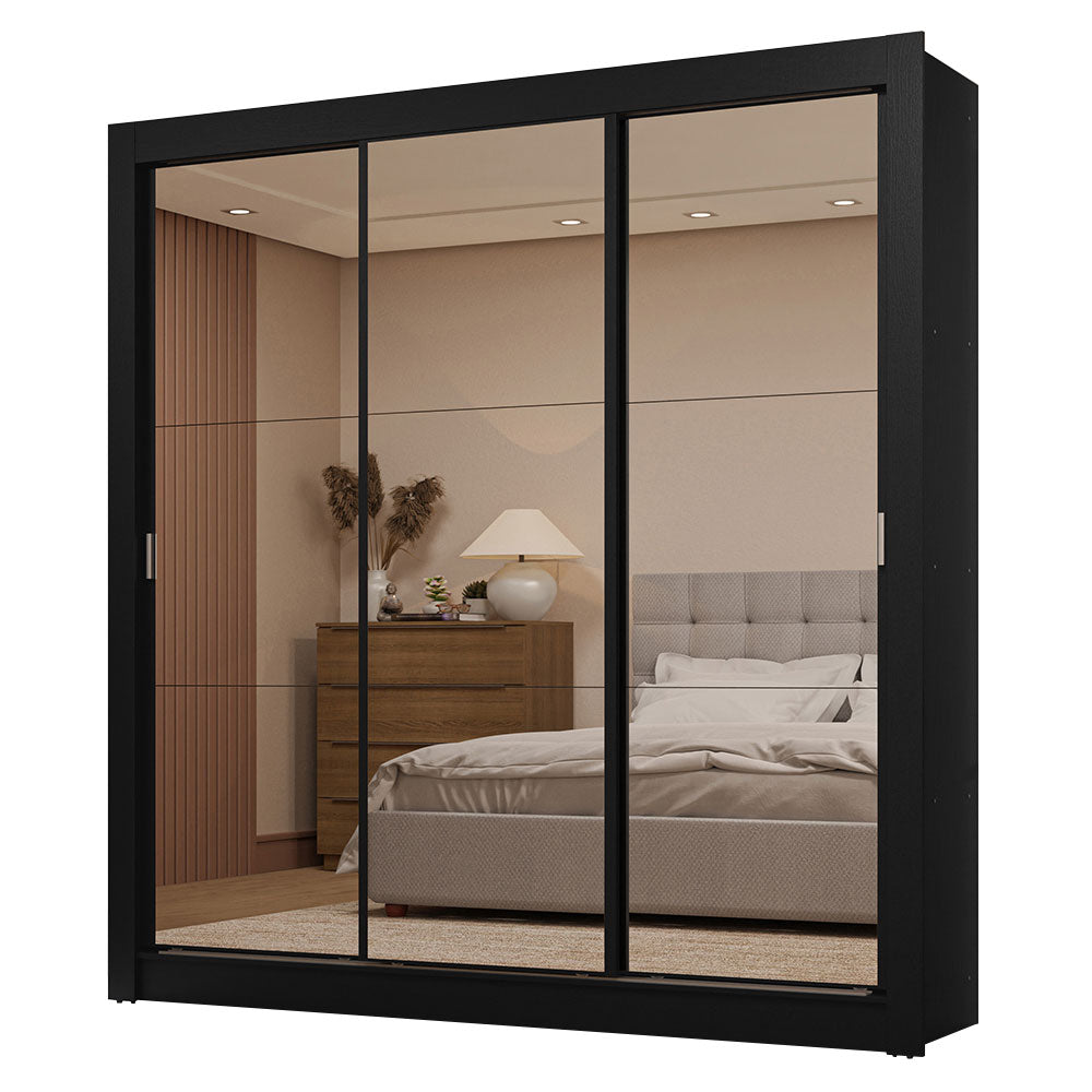 Clóset Matrimonial 3 Puertas Corredizas de Espejo 2 Cajones Negro Sublime