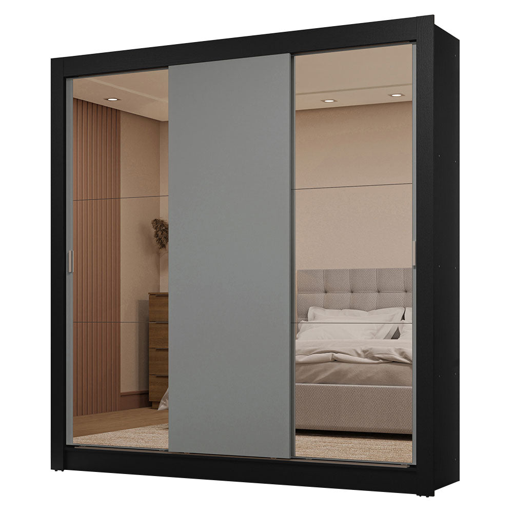 Clóset Matrimonial 3 Puertas Corredizas con Espejo 2 Cajones Negro/Gris Sublime