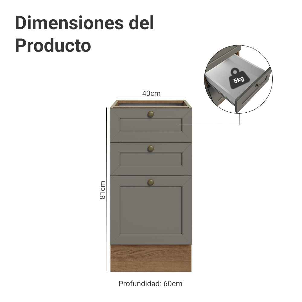 Gabinete Bajo de Cocina 40 x 60 cm 3 Cajones (Sin encimera) Marrón/Gris Vik Madesa