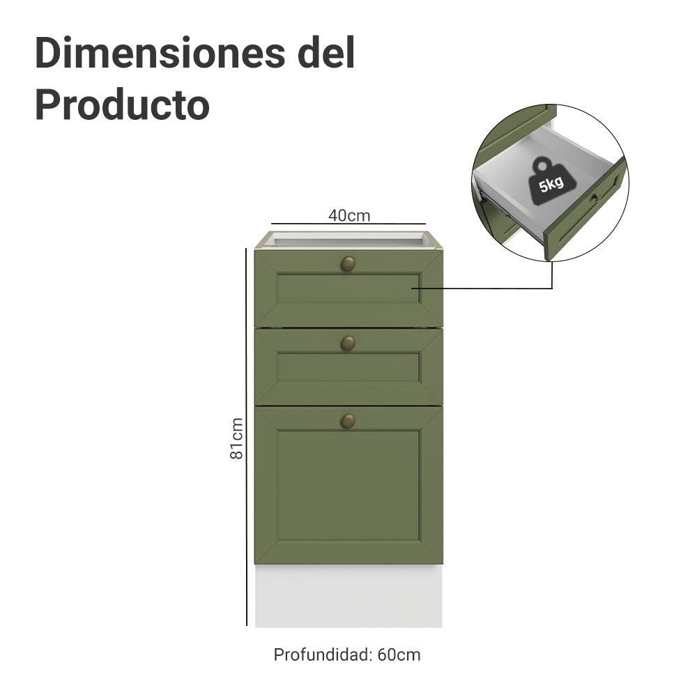 Gabinete Bajo de Cocina 40 x 60 cm 3 Cajones (Sin encimera) Blanco/Verde Vik Madesa