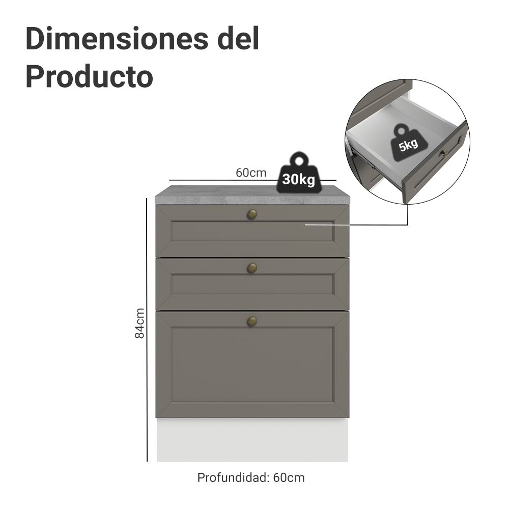 Gabinete Bajo de Cocina 60 x 60 cm 3 Cajones (Con Encimera) Blanco/Gris Vik Madesa