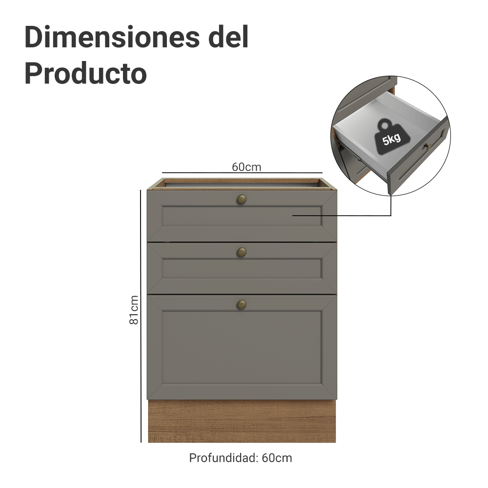 Gabinete Bajo de Cocina 60 x 60 cm 3 Cajones (Sin encimera) Marrón/Gris Vik Madesa