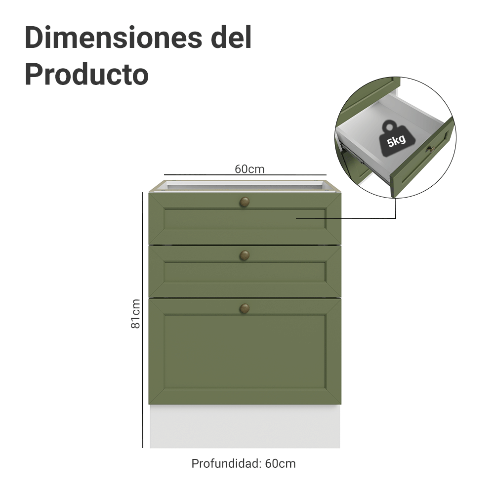 Gabinete Bajo de Cocina 60 x 60 cm 3 Cajones (Sin encimera) Blanco/Verde Vik Madesa