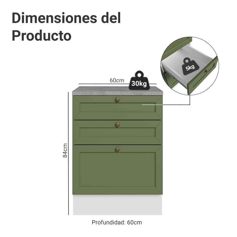 Gabinete Bajo de Cocina 60 x 60 cm 3 Cajones (Con Encimera) Blanco/Verde Vik Madesa