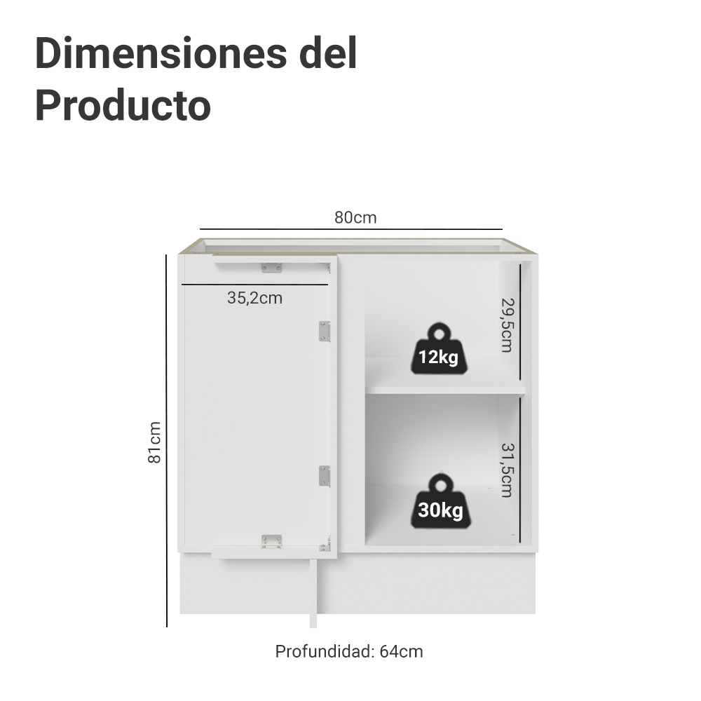 Gabinete Bajo Esquinero para Línea de 60 cm Profundidad (Sin encimera) Blanco/Gris Vik Madesa