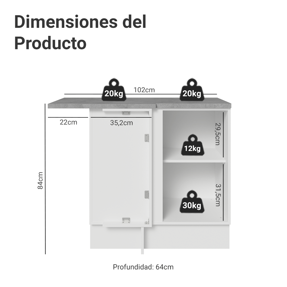 Gabinete Bajo Esquinero para Línea de 60 cm Profundidad (Con Encimera) Blanco/Gris Vik Madesa