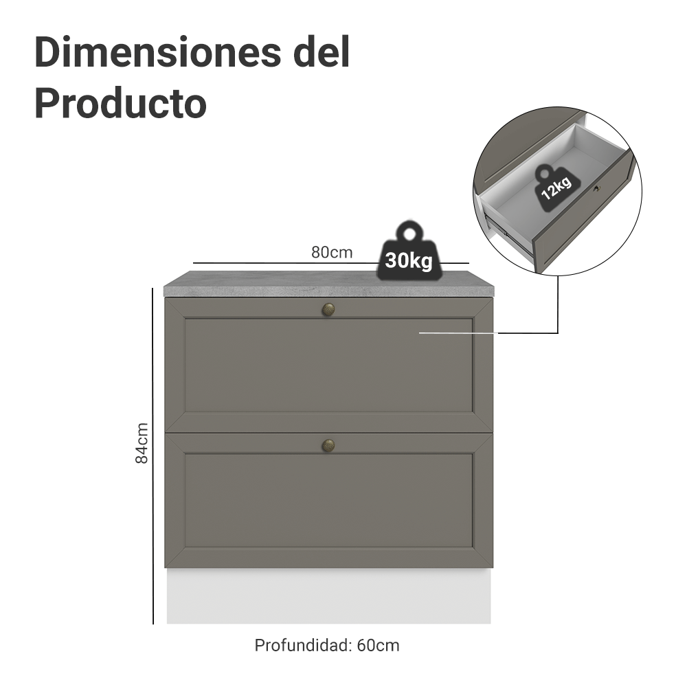 Gabinete Bajo de Cocina 80 x 60 cm 2 Cajones (Con Encimera) Blanco/Gris Vik Madesa
