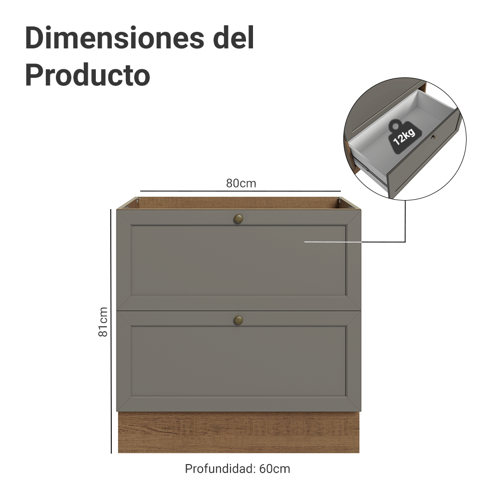 Gabinete Bajo de Cocina 80 x 60 cm 2 Cajones (Sin encimera) Marrón/Gris Vik Madesa