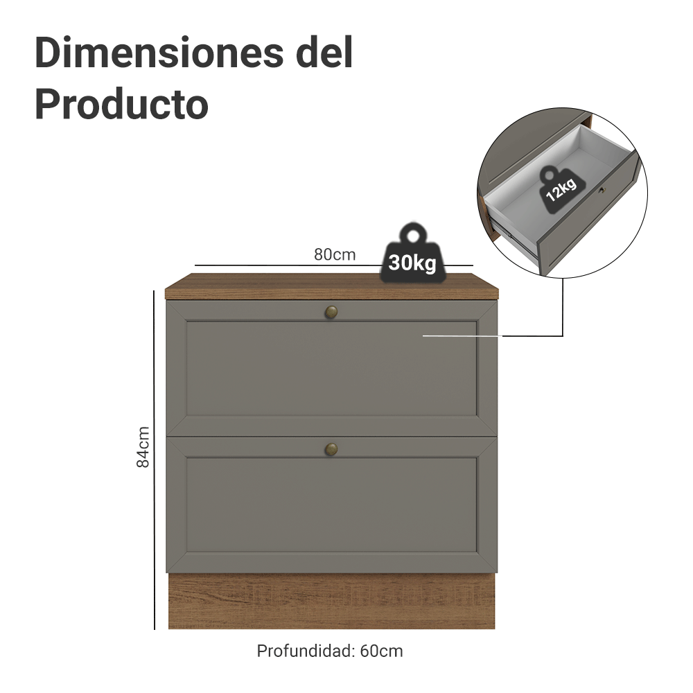 Gabinete Bajo de Cocina 80 x 60 cm 2 Cajones (Con Encimera) Marrón/Gris Vik Madesa