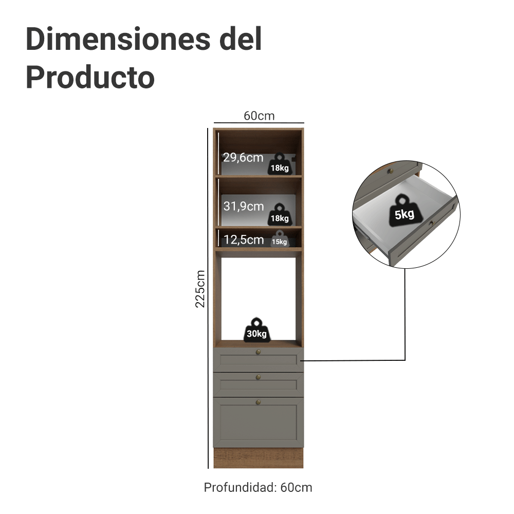 Mueble para Horno 60 x 60 cm 1 Puerta 3 Cajones Marrón/Gris Vik Madesa