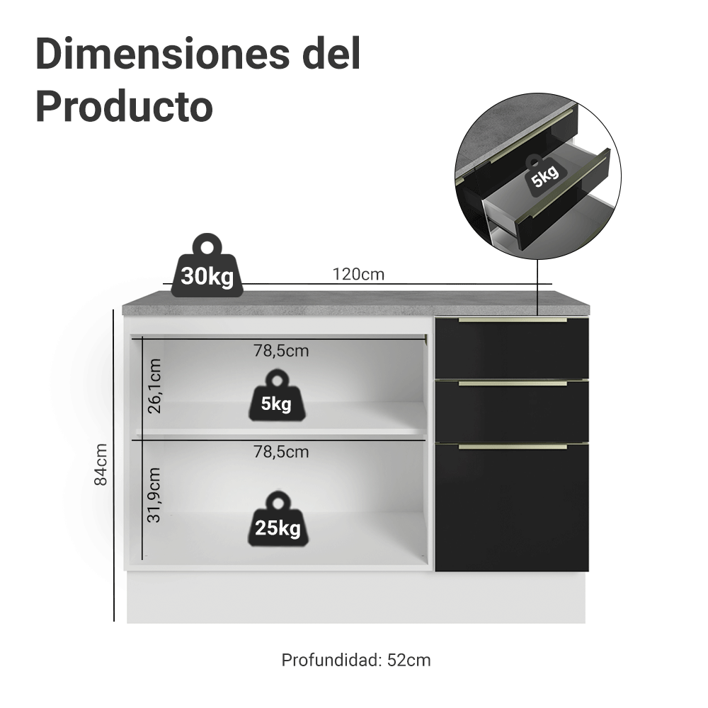 Gabinete Bajo de Cocina 120 cm 2 Puertas 3 Cajones Blanco/Negro Lux Madesa