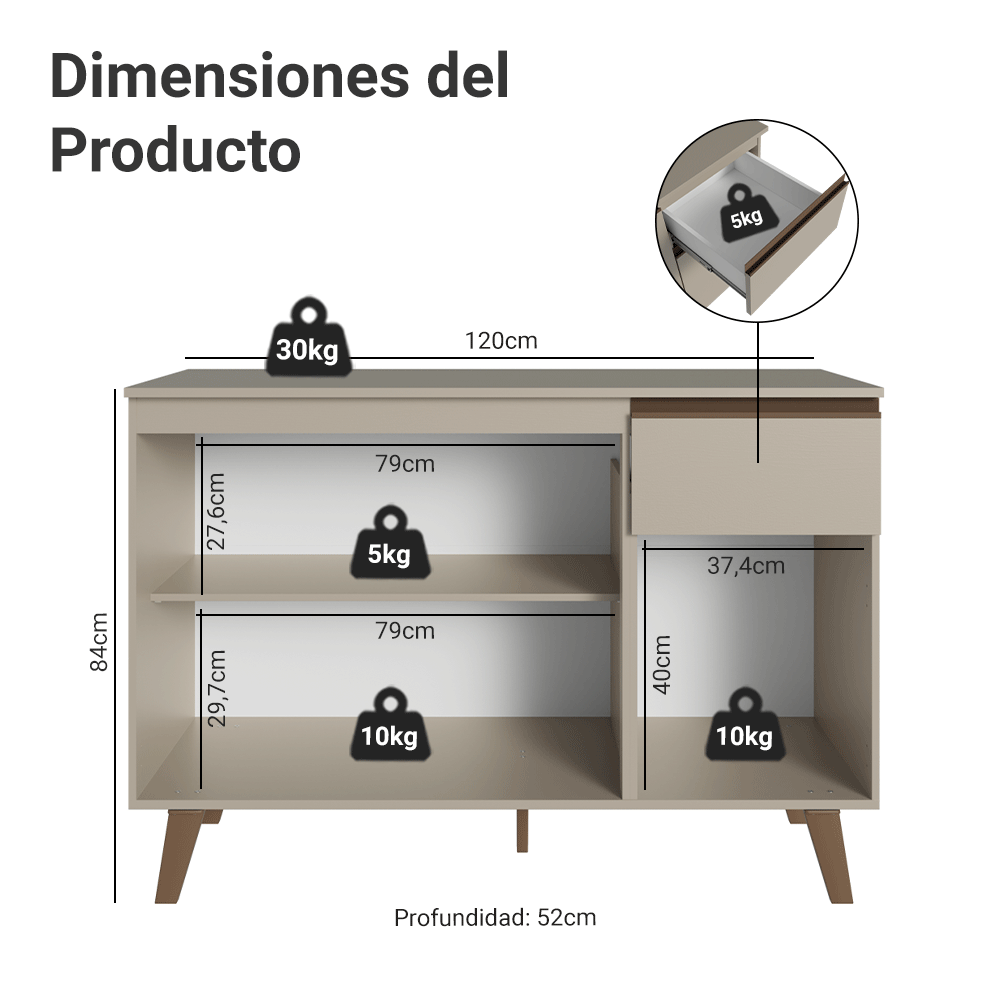 Gabinete Bajo de Cocina 120 cm 3 Puertas 1 Cajón Con Patas Crema Nice Madesa