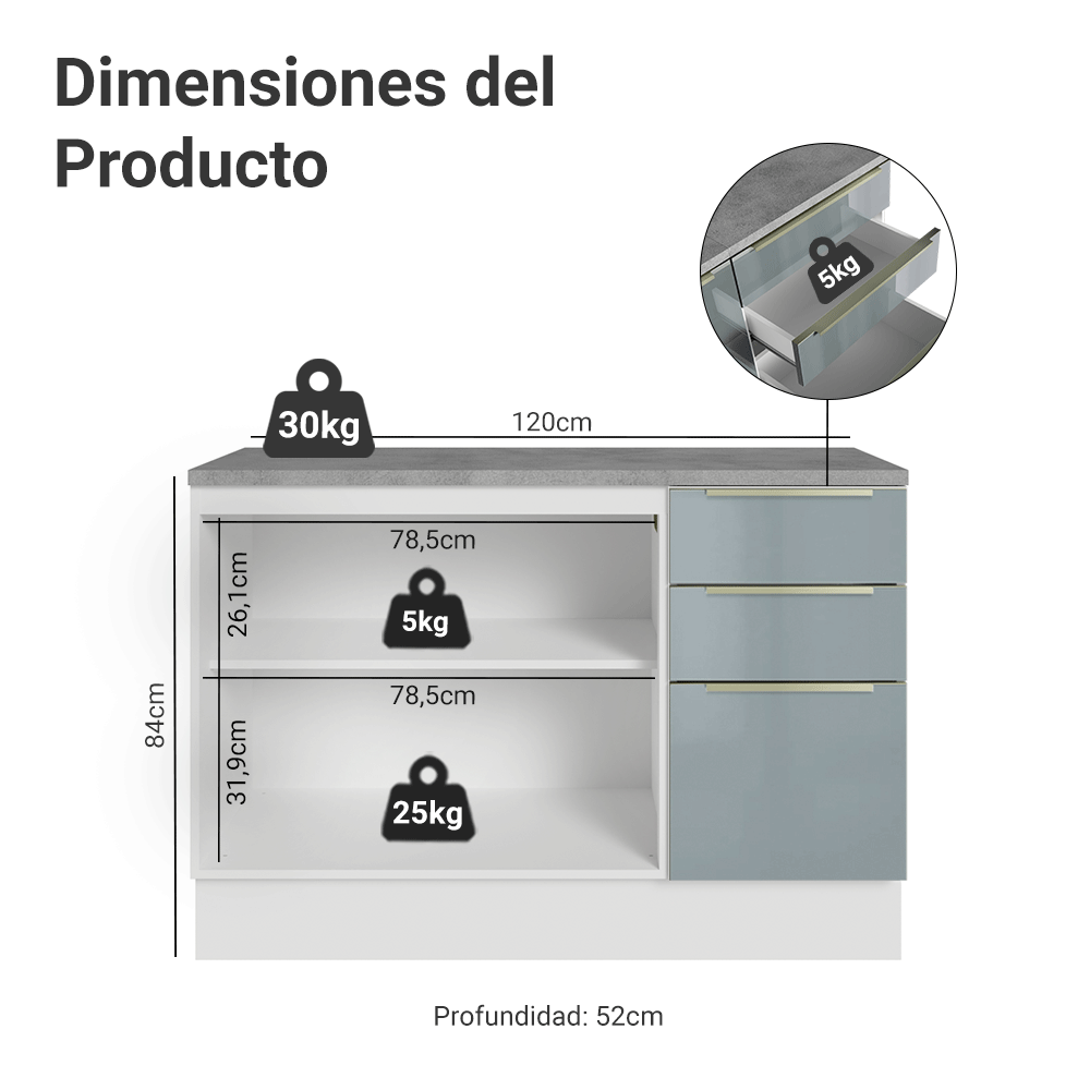 Gabinete Bajo de Cocina 120 cm 2 Puertas 3 Cajones Blanco/Gris Lux Madesa