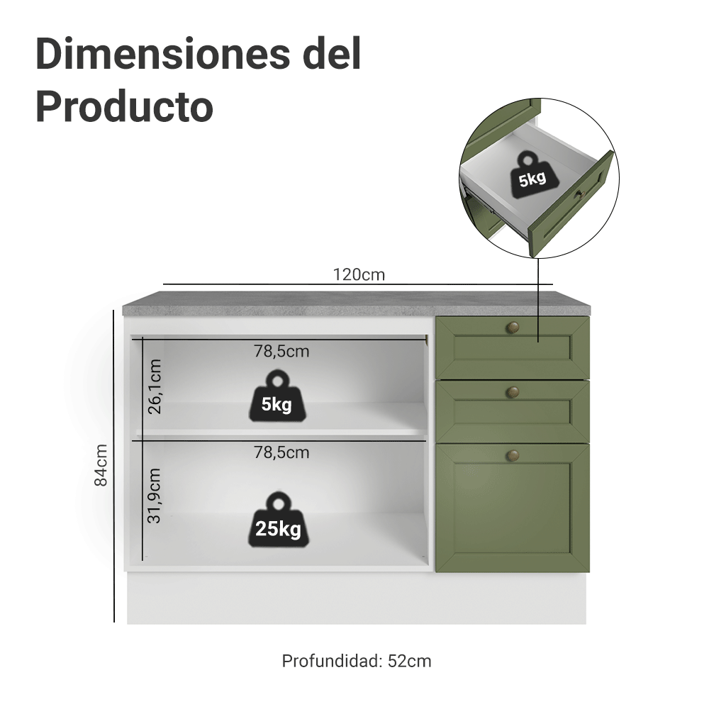 Gabinete Bajo para Fregadero 120 cm 2 Puertas 3 Cajones Blanco/Verde Vik Madesa
