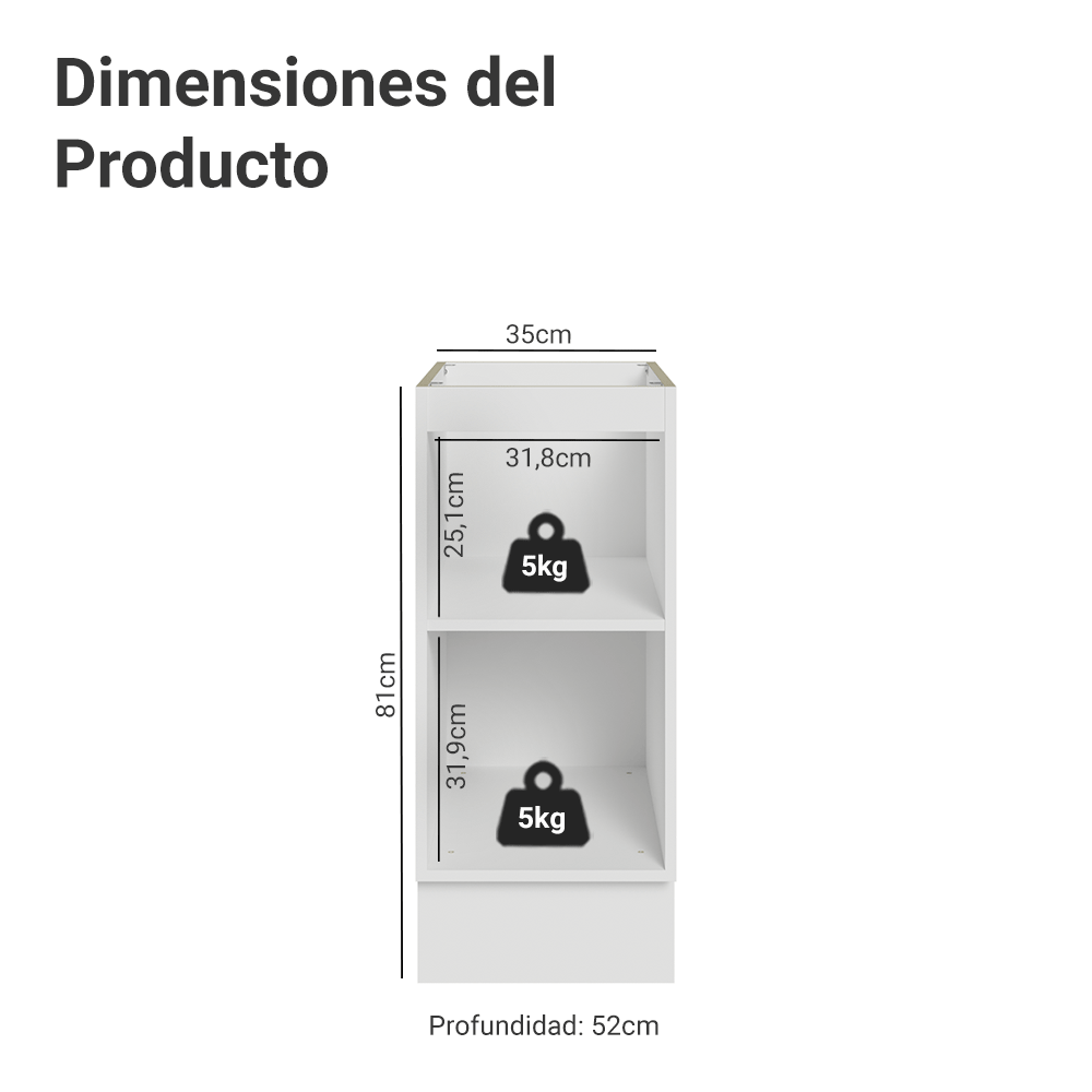 Gabinete Bajo de Cocina 35 cm 1 Puerta (Sin Encimera) Blanco/Gris Lux Madesa