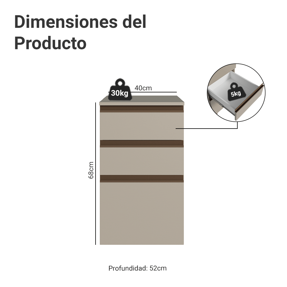 Gabinete Bajo 40 cm 3 Cajones Sin Patas Nice Crema