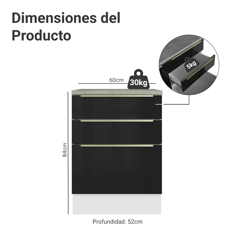 Gabinete Bajo de Cocina 60 cm 3 Cajones Blanco/Negro Lux Madesa